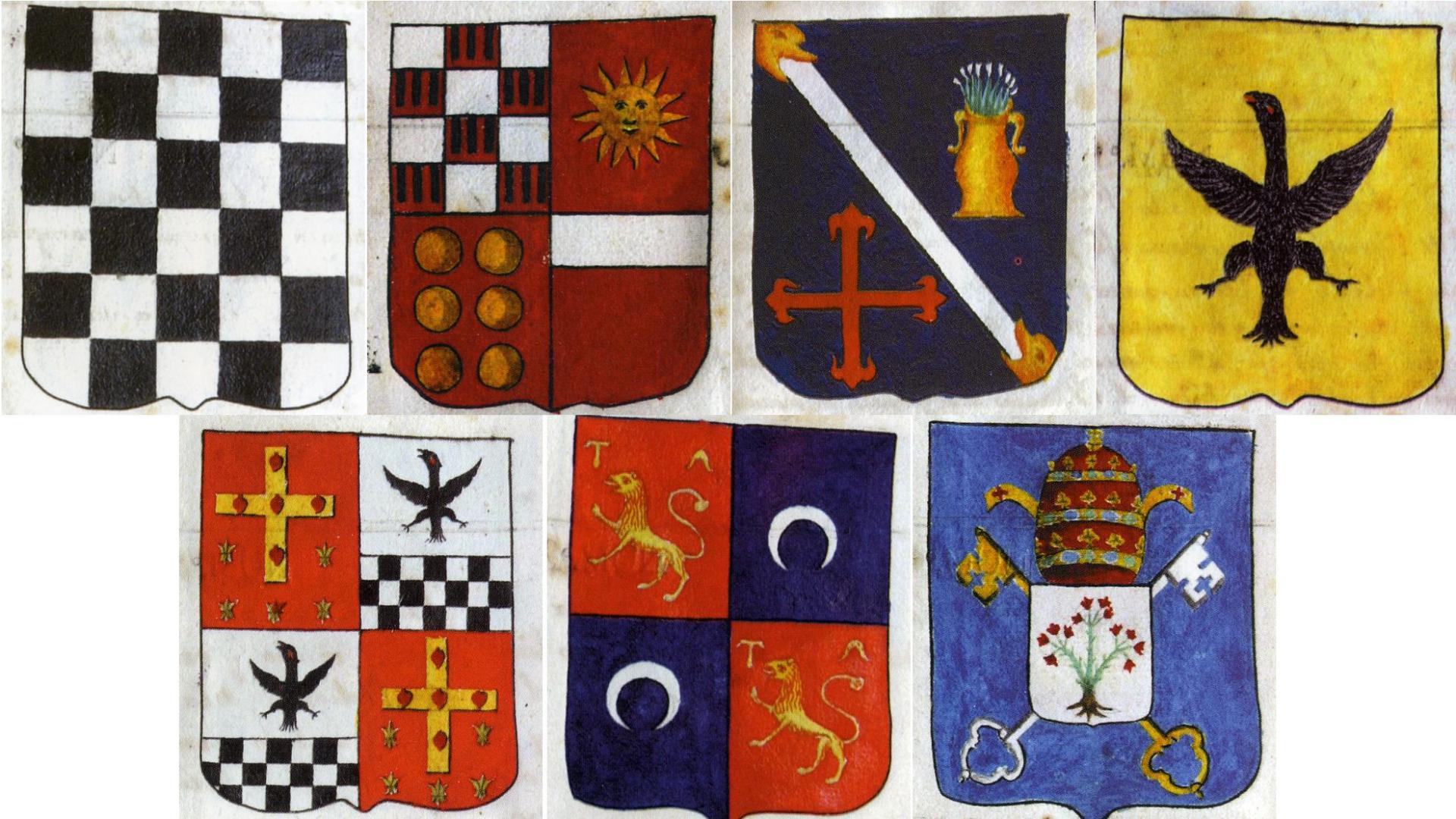 Escudos de la calle pamplonesa de San Antón. De izda. a dcha., arriba, Iribarren, Lorente, Monzón, Motza, Olazagutía, Ruiz de Murillo y Tabar