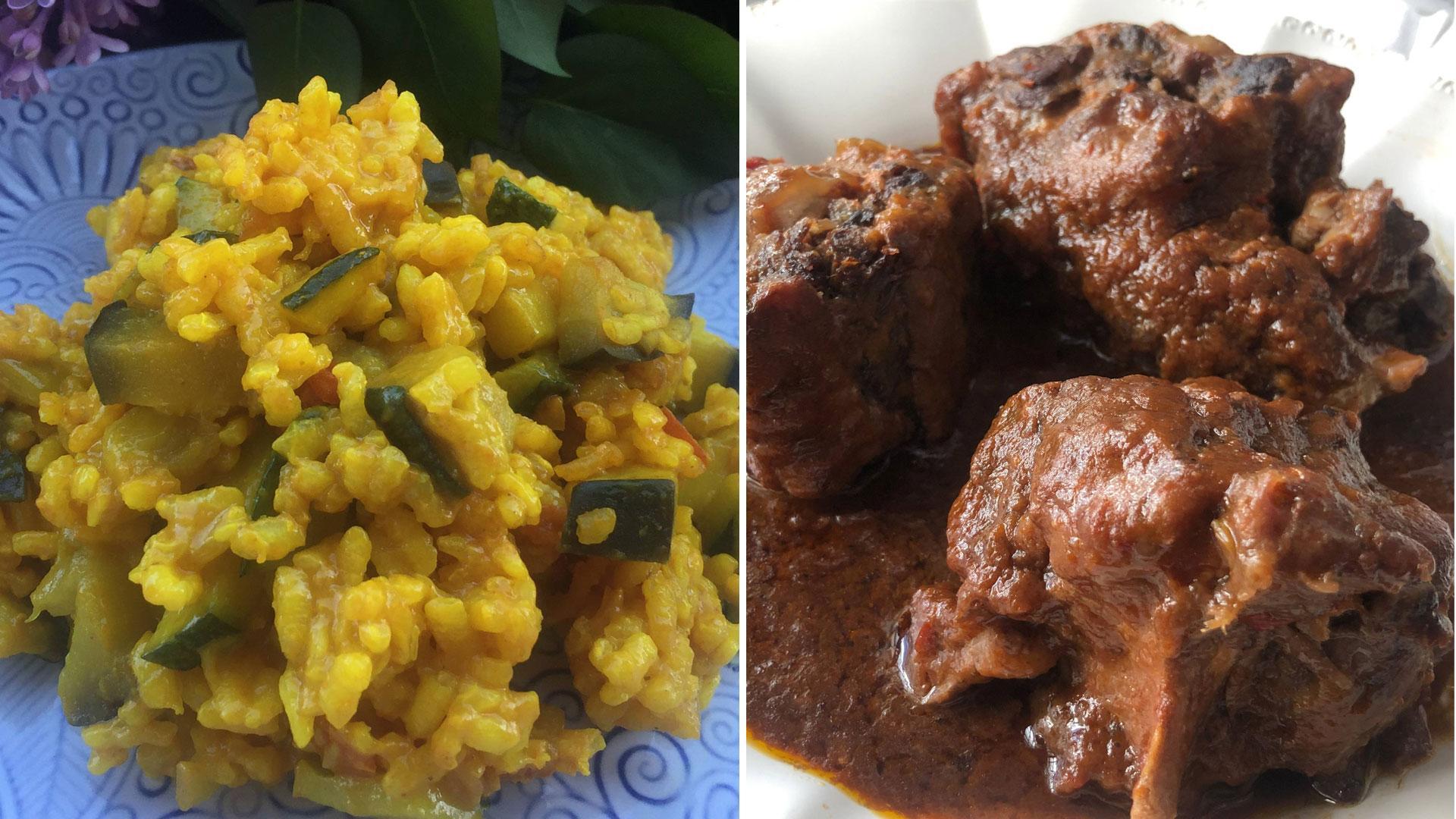 Arroz con cúrcuma y verduras y rabo de toro en salsa de sole