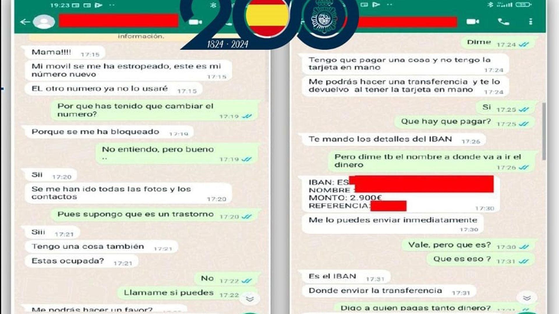 Mensajes de WhatsApp que envían los estafadores haciéndose pasar por un familiar y pidiendo el envío de dinero