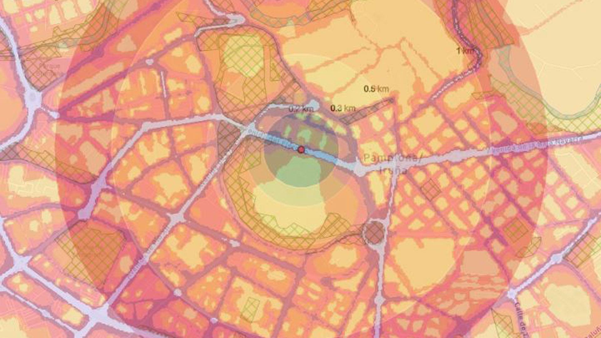 Imagen de una búsqueda realizada en la zona de Pamplona con el apartado Check your place, dentro de la aplicación del Atlas Europeo de Medioambiente y Salud