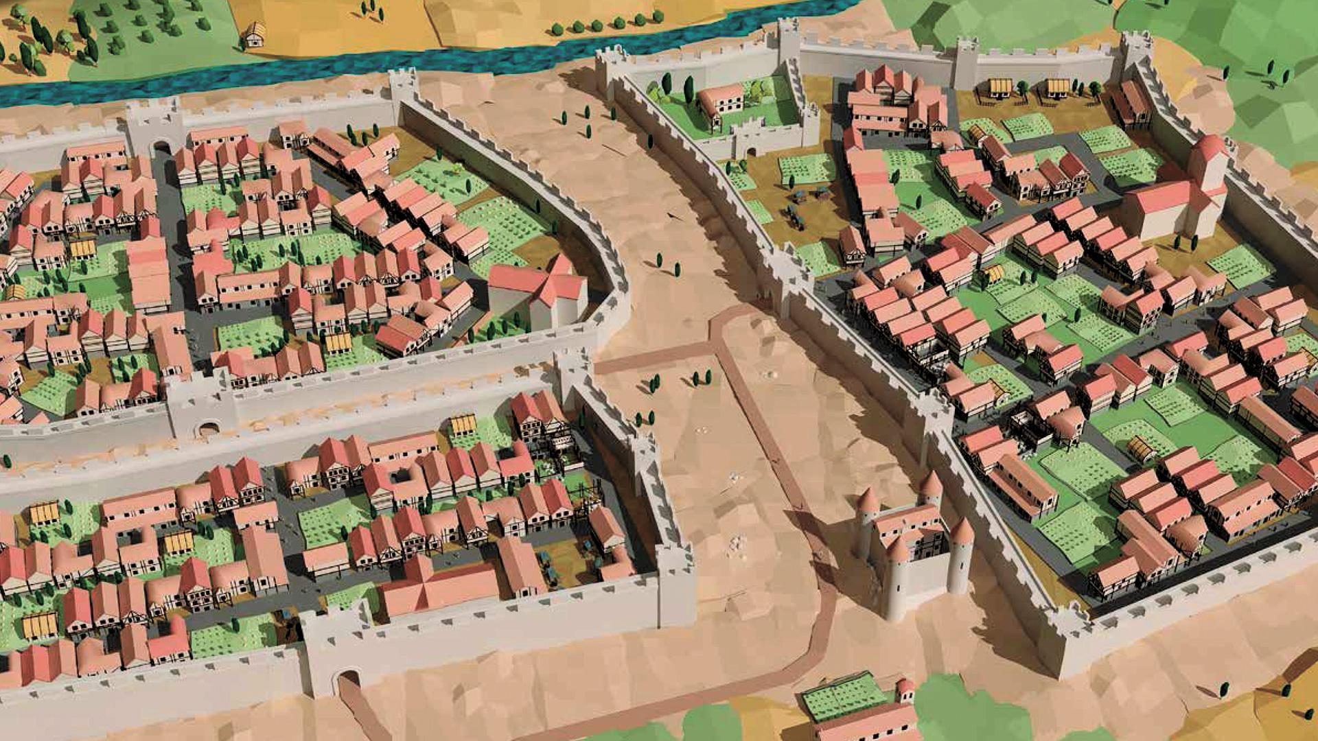 Una recreación de Iker Ibero de los tres burgos de Pamplona, el de San Nicolás en primer término; el de San Cernin arriba, y ea la derecha el de Navarrería, que fue prácticamente destruido en la guerra