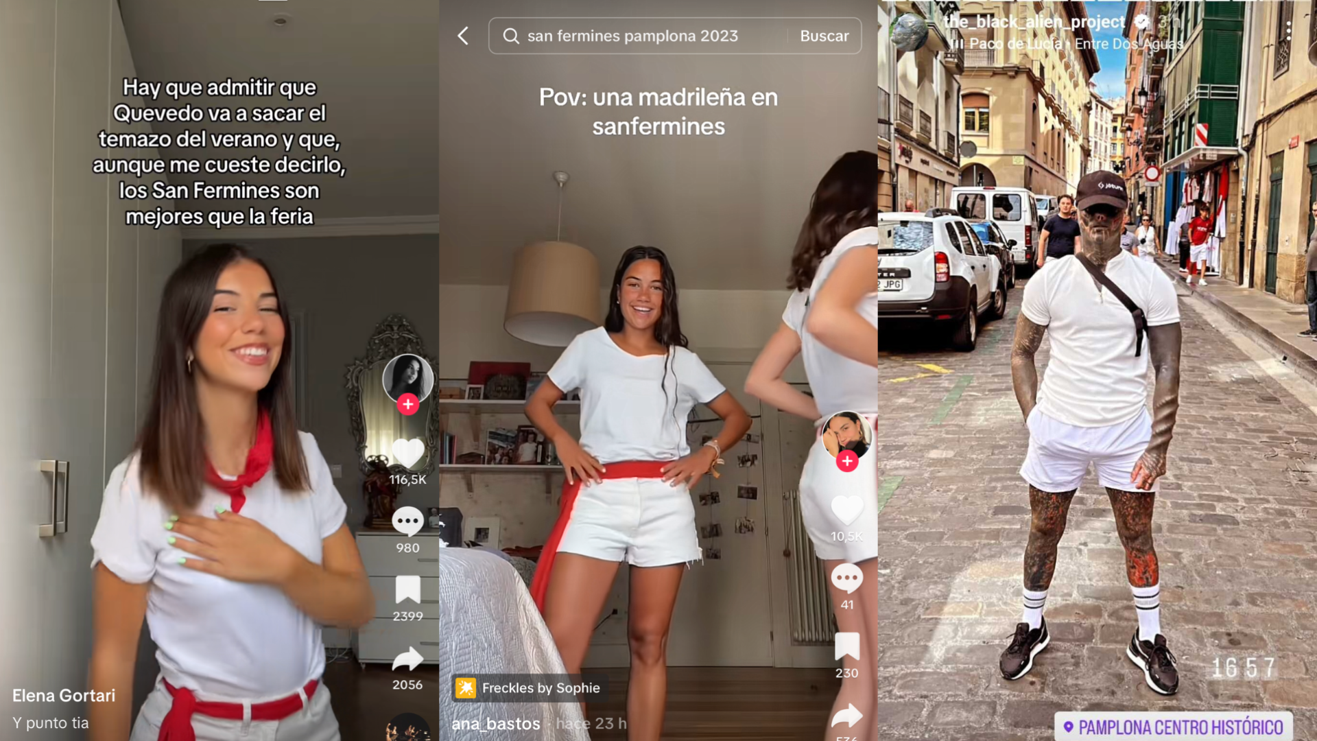 Desde la izquierda: Elena Gortari, Ana Bastos y Black Alien en Pamplona por San Fermín 2023.