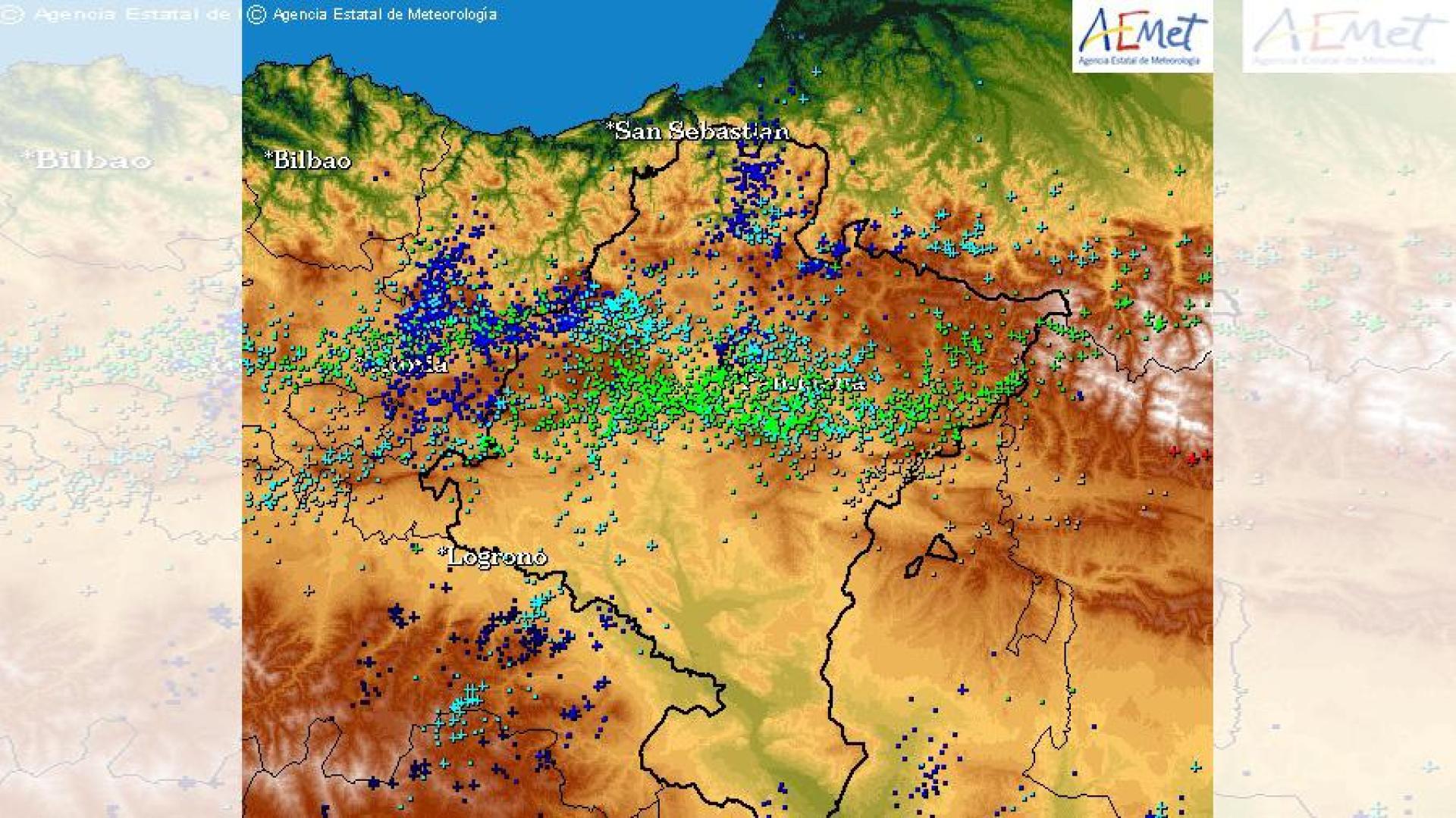 Mapa de rayos registrados en Navarra el 6 de julio