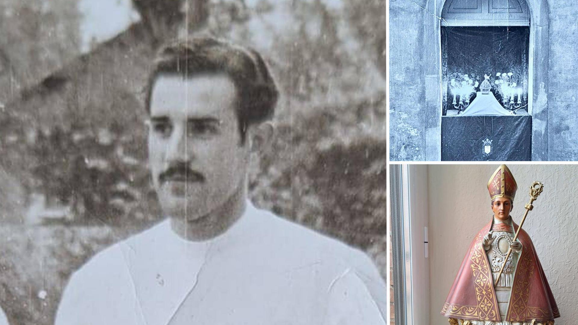 A la izquierda, José Martínez Núñez con su uniforme de practicante; arriba a la derecha, la figura en la ventana del hospital, y abajo a la derecha, el San Fermín que se sacaba en el hospital militar