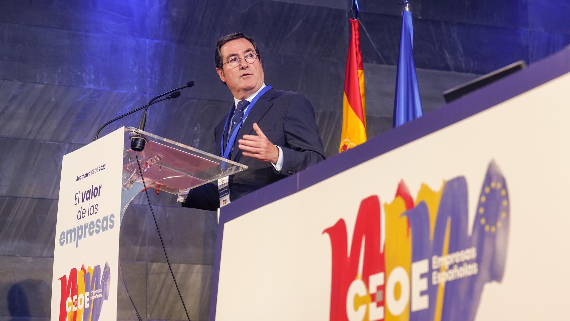 Antonio Garamendi, presidente de la Confederación Española de Organizaciones Empresariales (CEOE), interviene en la Asamblea CEOE 2023