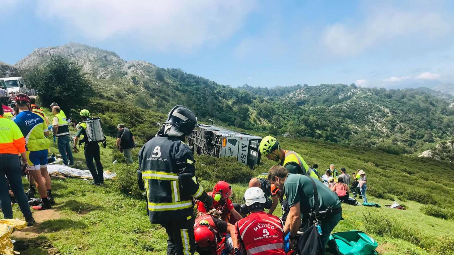 Efectivos del SEPA atienden a una de las heridas en el vuelco de un autobús en la subida a los Lagos de Covadonga.