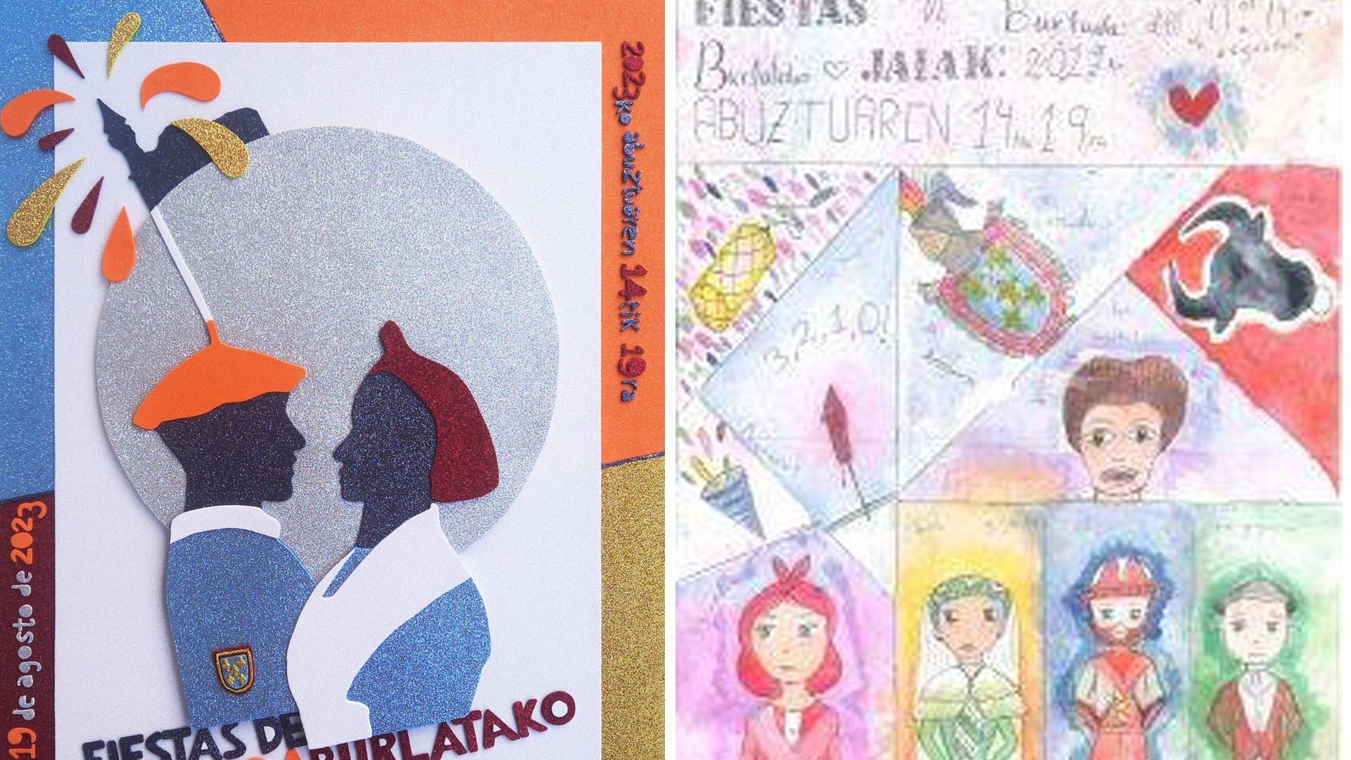 A la izquierda, cartel anunciador de las fiestas de Burlada; a la derecha, cartel ganador infantil