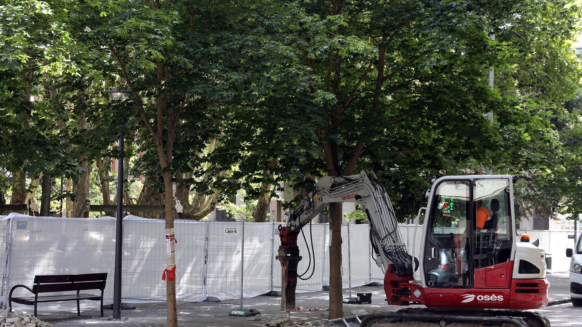 Fotos del comienzo de las obras del parking de la calle Sangüesa de Pamplona con la retirada de los árboles