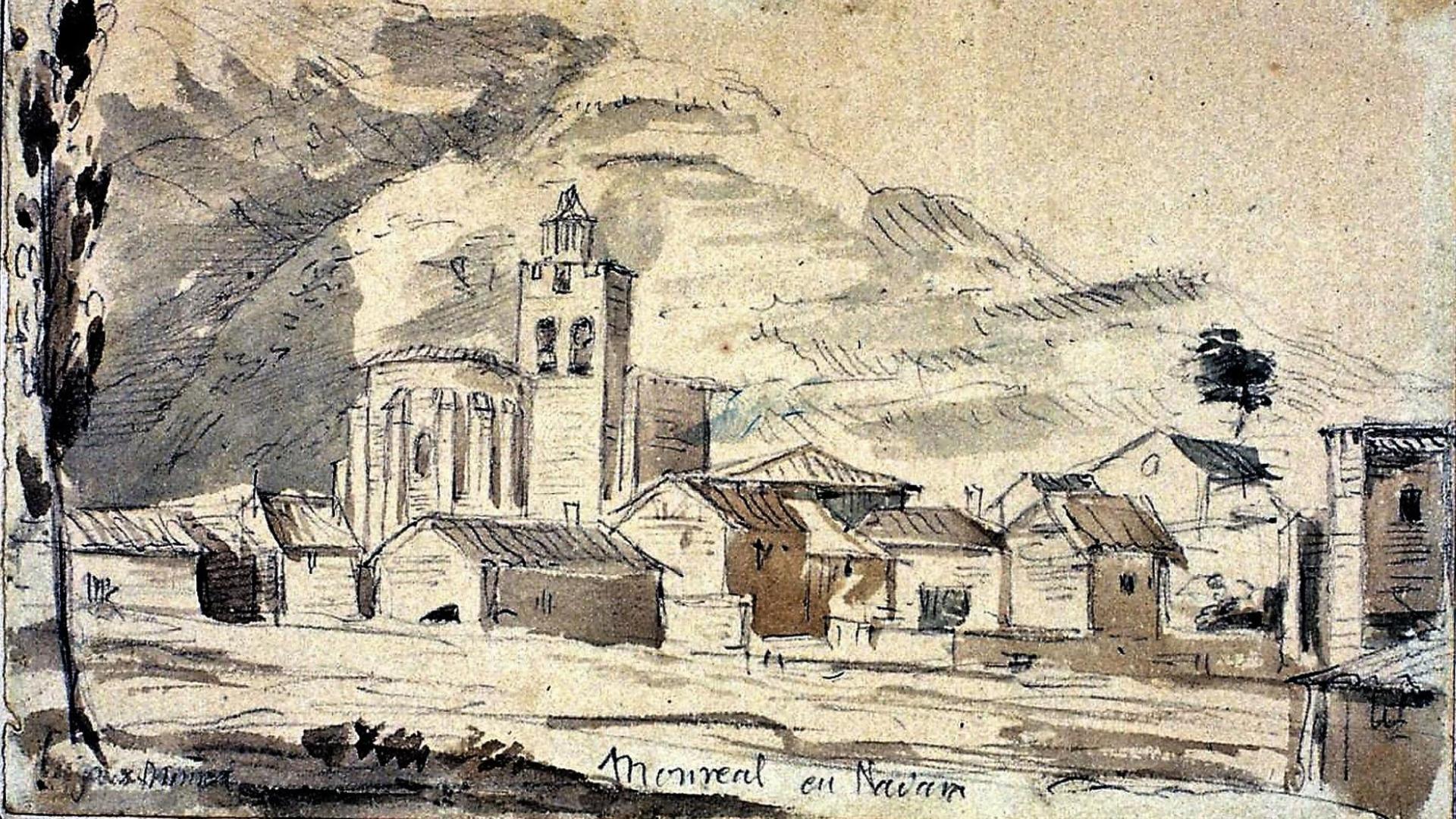 Valentín Carderera. Vista de Monreal, Navarra. Dibujo en papel, lápiz, tinta y aguada. C. 1861-1862. Fondo Carderera.