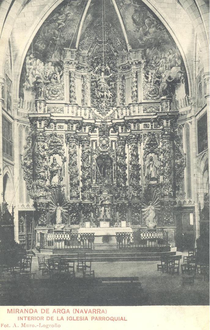 Postal del retablo mayor de la parroquia de Miranda de Arga, por el fotógrafo riojano Alberto Muro Belloso, c. 1920