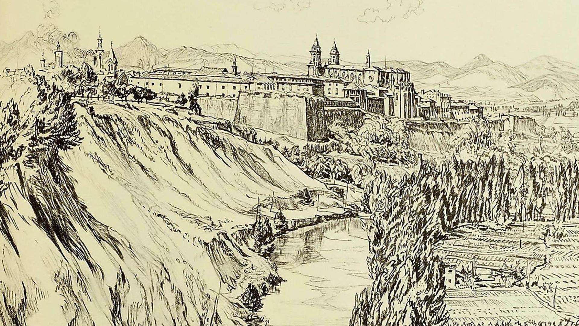 Muirhead y Gertrude Bone. “The River and Cathedral, Pamplona”. Detalle de una ilustración del libro “Old Spain”