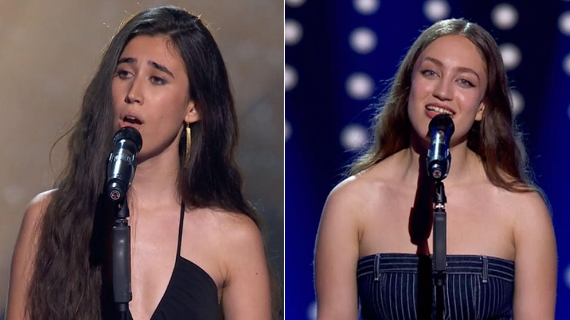 La tudelana Andrea Sánchez y la estellesa Maia Ros, durante sus actuaciones en las audiciones a ciegas de 'La Voz'