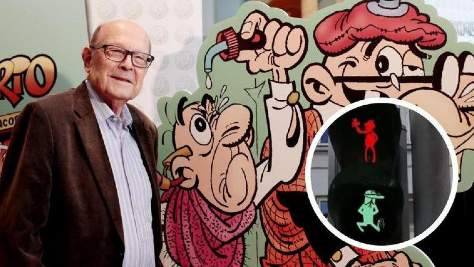 Francisco Ibáñez, con los dos agentes más ilustres del tebeo español y su semáforo