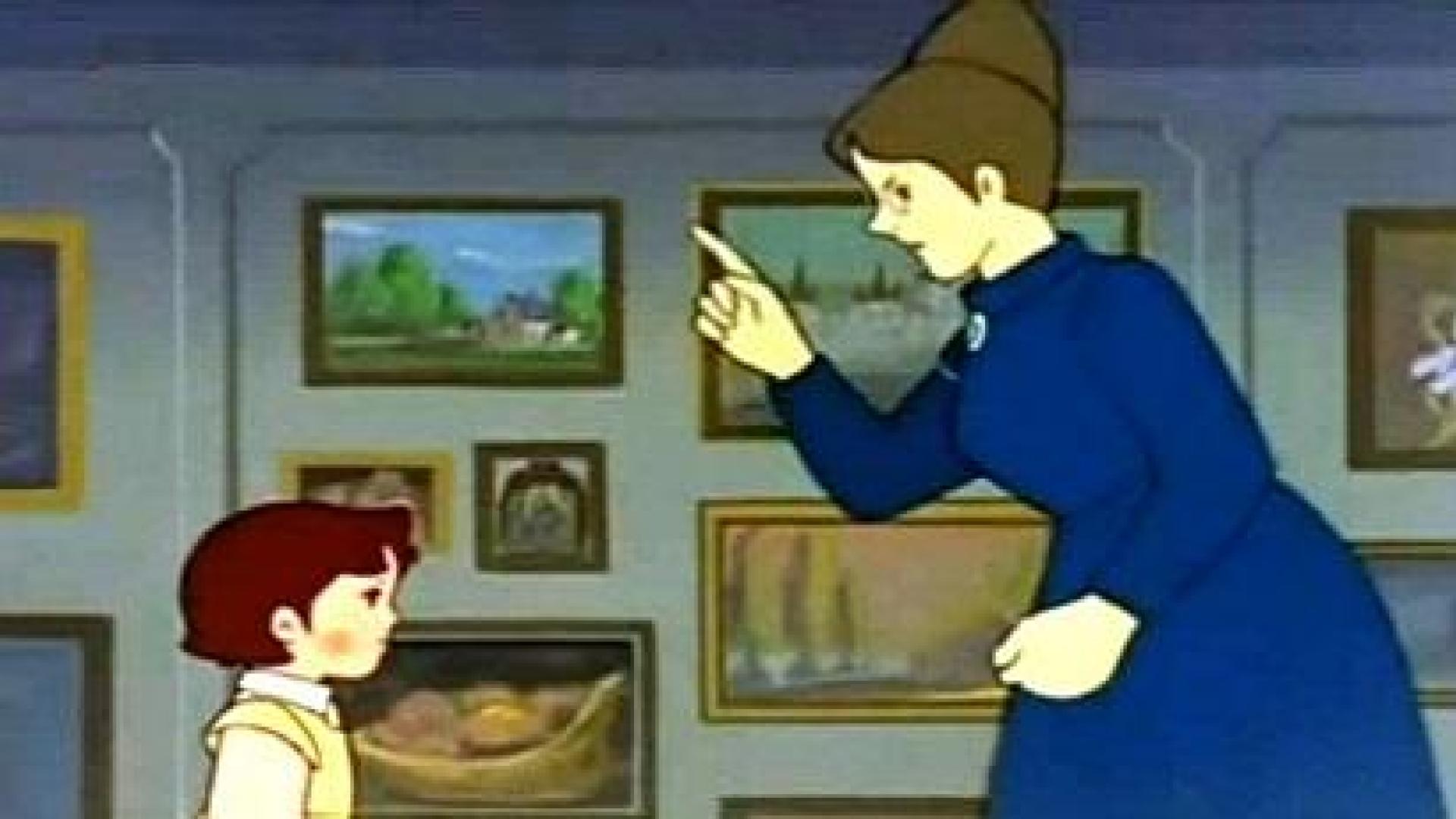 La señorita Rottenmeier, amonestado a Heidi, en la serie de dibujos animados.