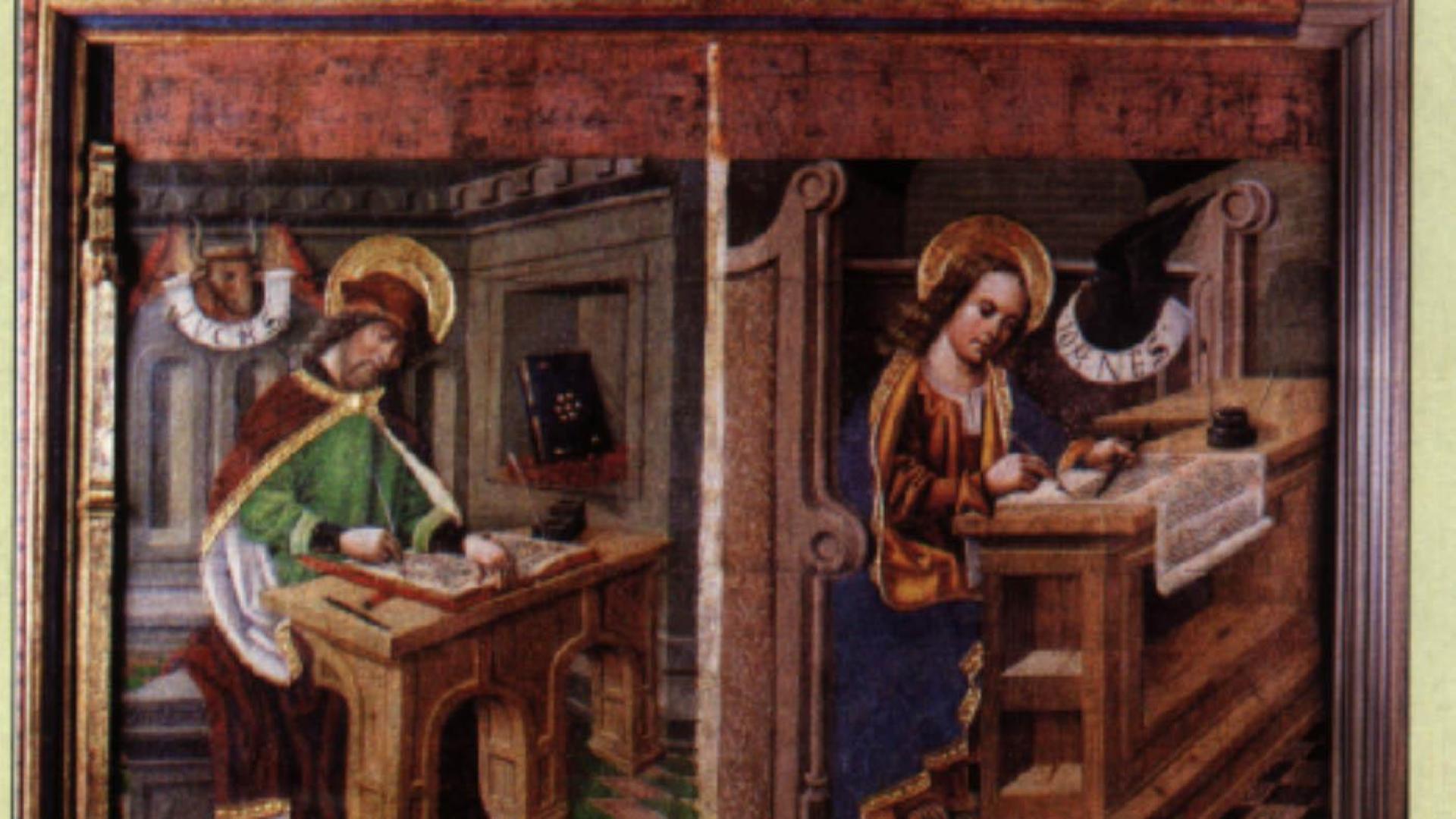 Detalle de dos de los cuatro evangelistas (Lucas y Juan) del retablo de la iglesia de Nagore.