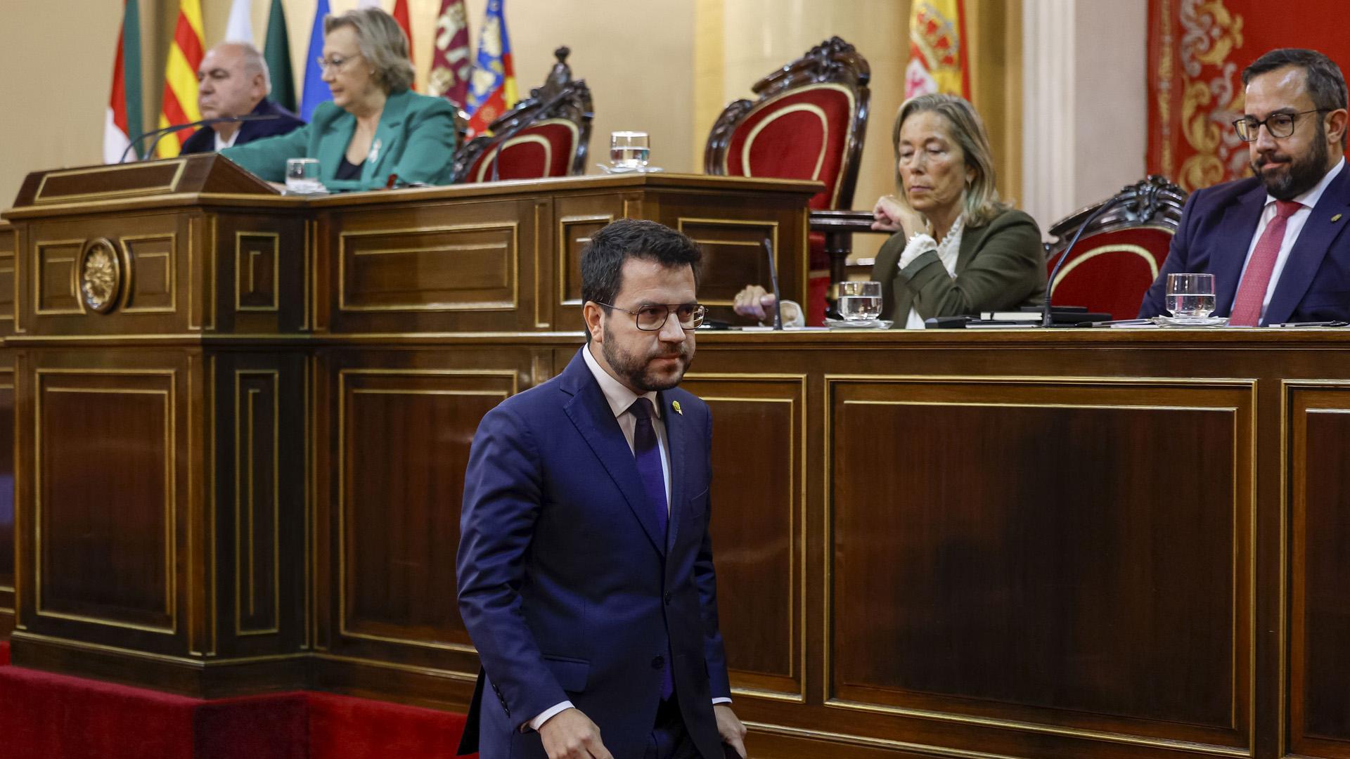 El presidente de la Generalitat, Pere Aragonés tras intervenir en la Comisión General de las Comunidades Autónomas que se celebra en el Senado