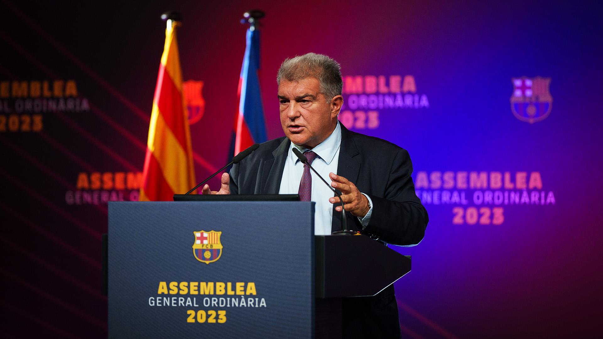 El presidente del FC Barcelona, Joan Laporta, durante la Asamblea de Compromisarios del club de este sábado 21 de octubre