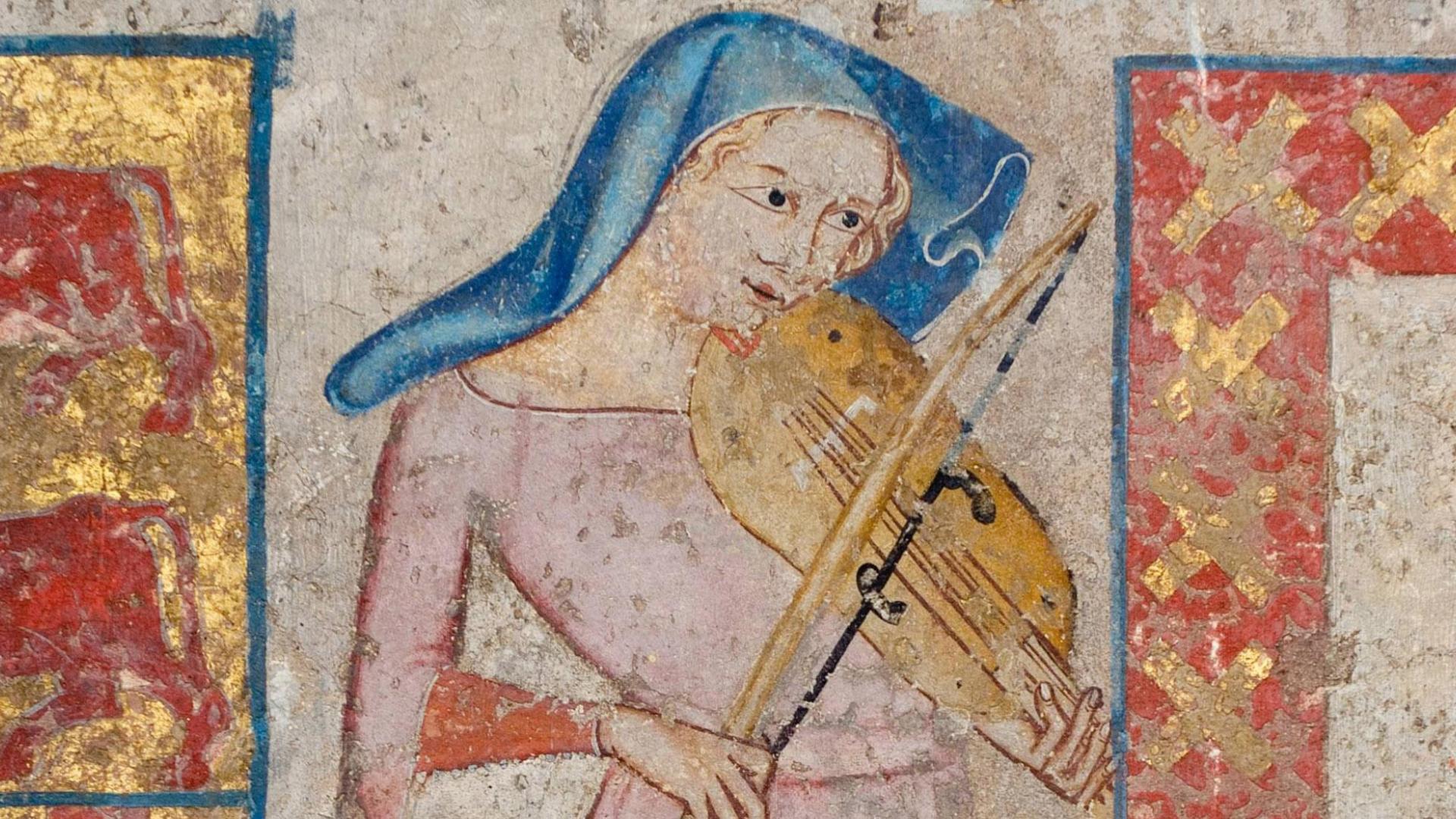 Juglaresa tañendo una viola de arco. Mural de la Pasión (1330) de Juan Oliver para el refectorio de la catedral de Pamplona.