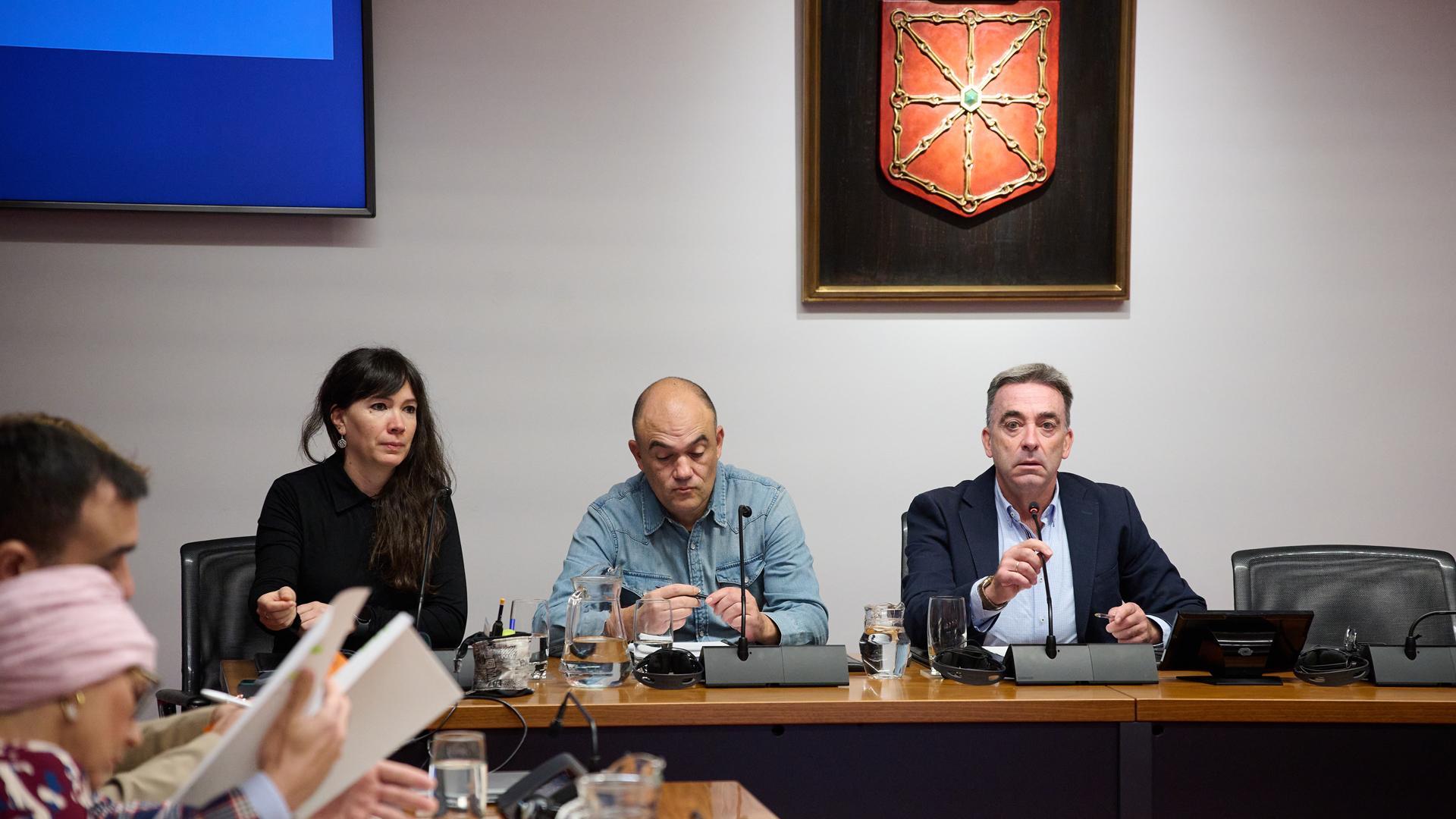 Los representantes del comité de empresa de Siemens-Gamesa formado por José Ángel Hernández (i) y Iosune Pérez(d) y presidida por Miguel Bujanda (d) en el Parlamento de Navarra para explicar la situación de la empresa