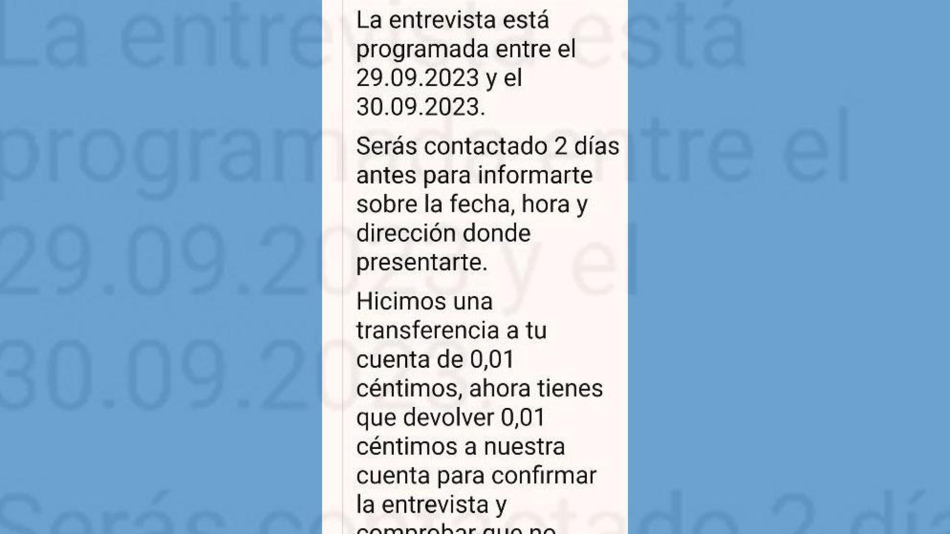 Mensaje de correo electrónico en el que se solicita la devolución de la transferencia