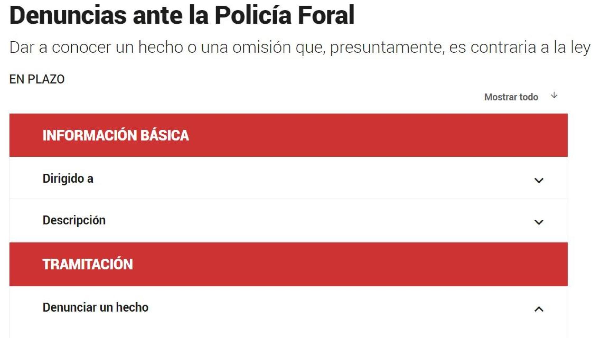 Imagen de la parte de Navarra.es donde se ponen las denuncias ante Policía Foral