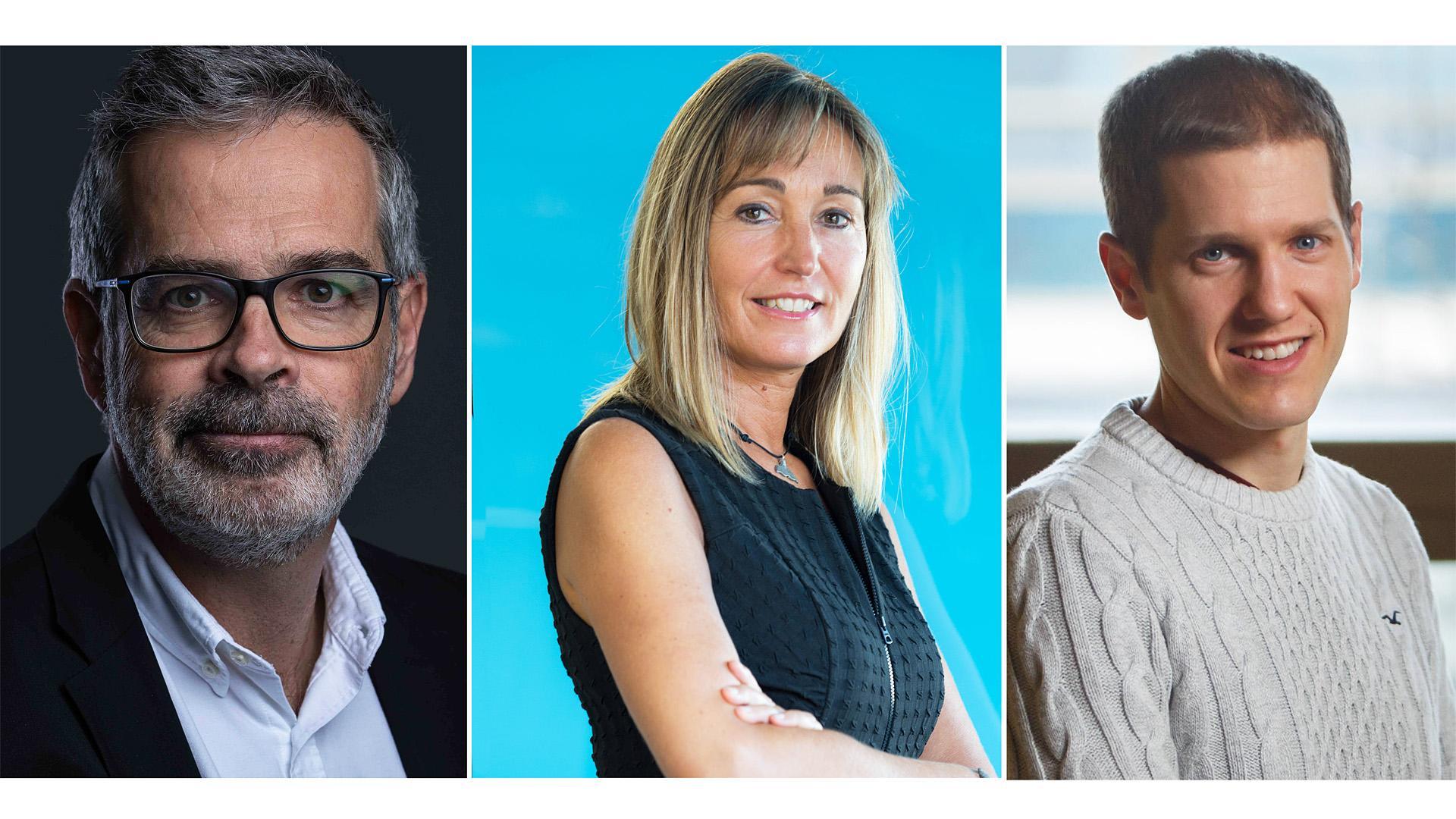 De izda. a dcha., Francesc Pujol, profesor de la UN, Elena Alemán, presidenta de la Fundación Luzia, y Mikel Galar, docente de la UPNA