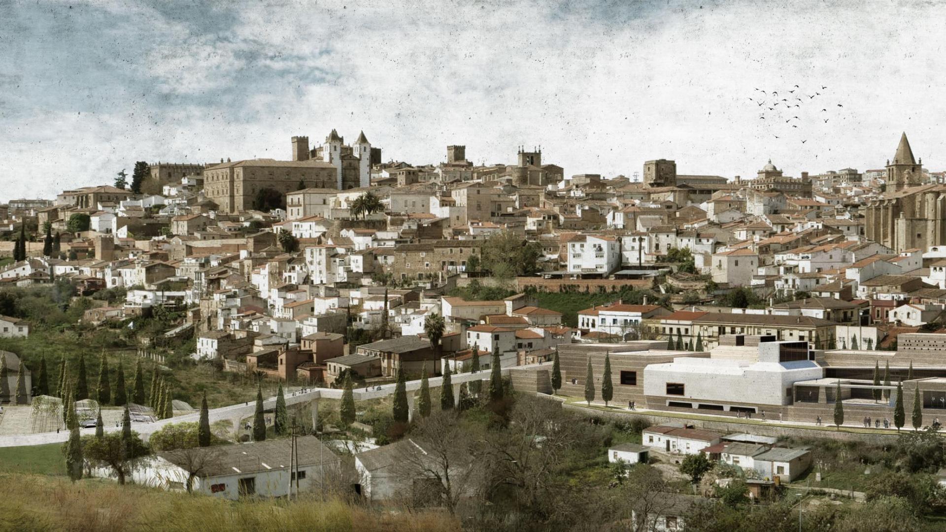 El futuro museo, de color claro en primer término de la imagen en una recreación que lo sitúa junto a la ciudad histórica de Cáceres