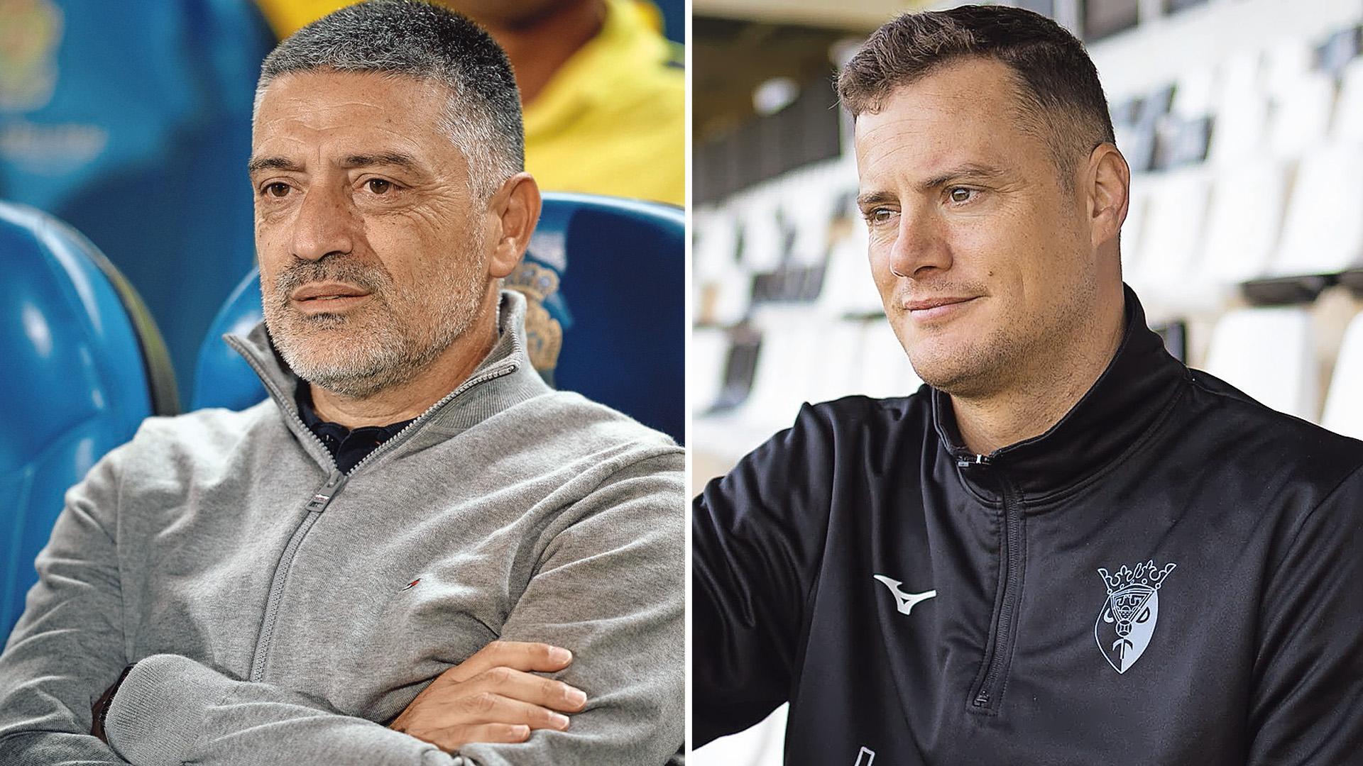 A la izda., el entrenador de Las Palmas, Xavi García Pimienta. A la dcha., el técnico del Tudelano, Oriol Riera./