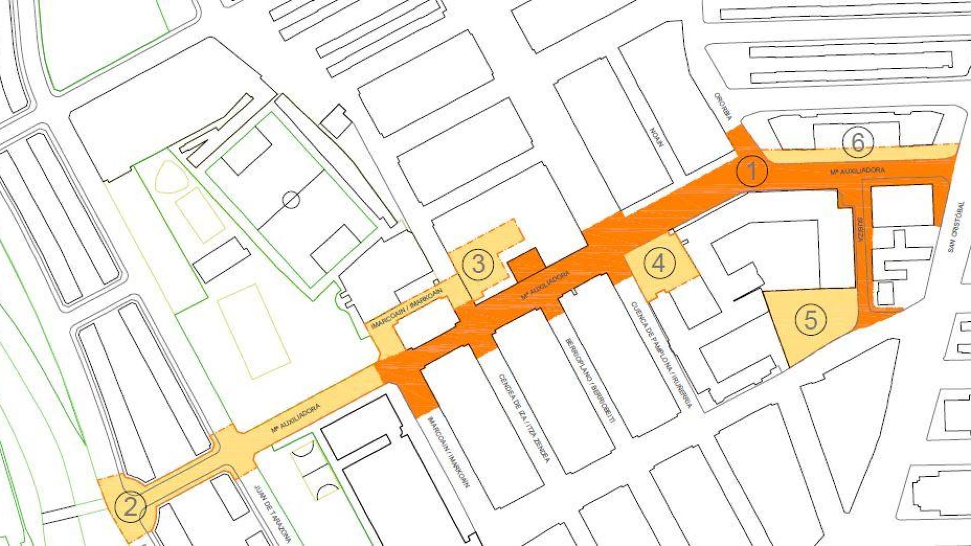 Plano de las calles María Auxiliadora y Subiza, del barrio de la Txantrea, que se renovarán