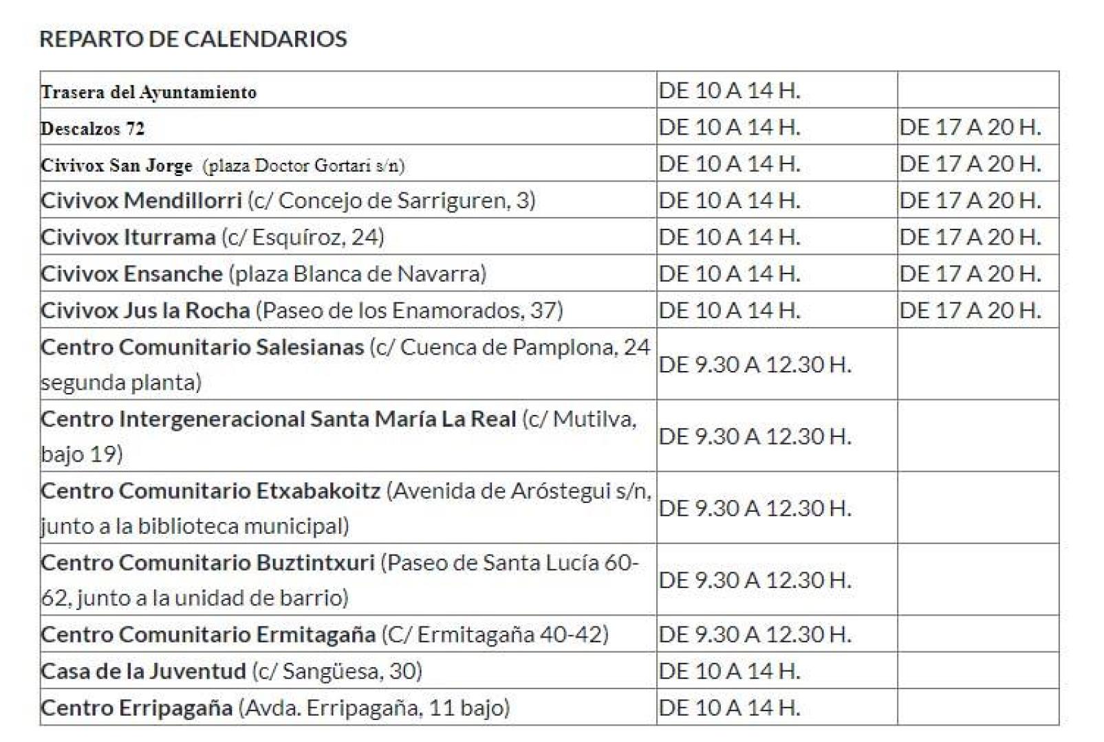 Horarios y lugares de reparto del calendario municipal