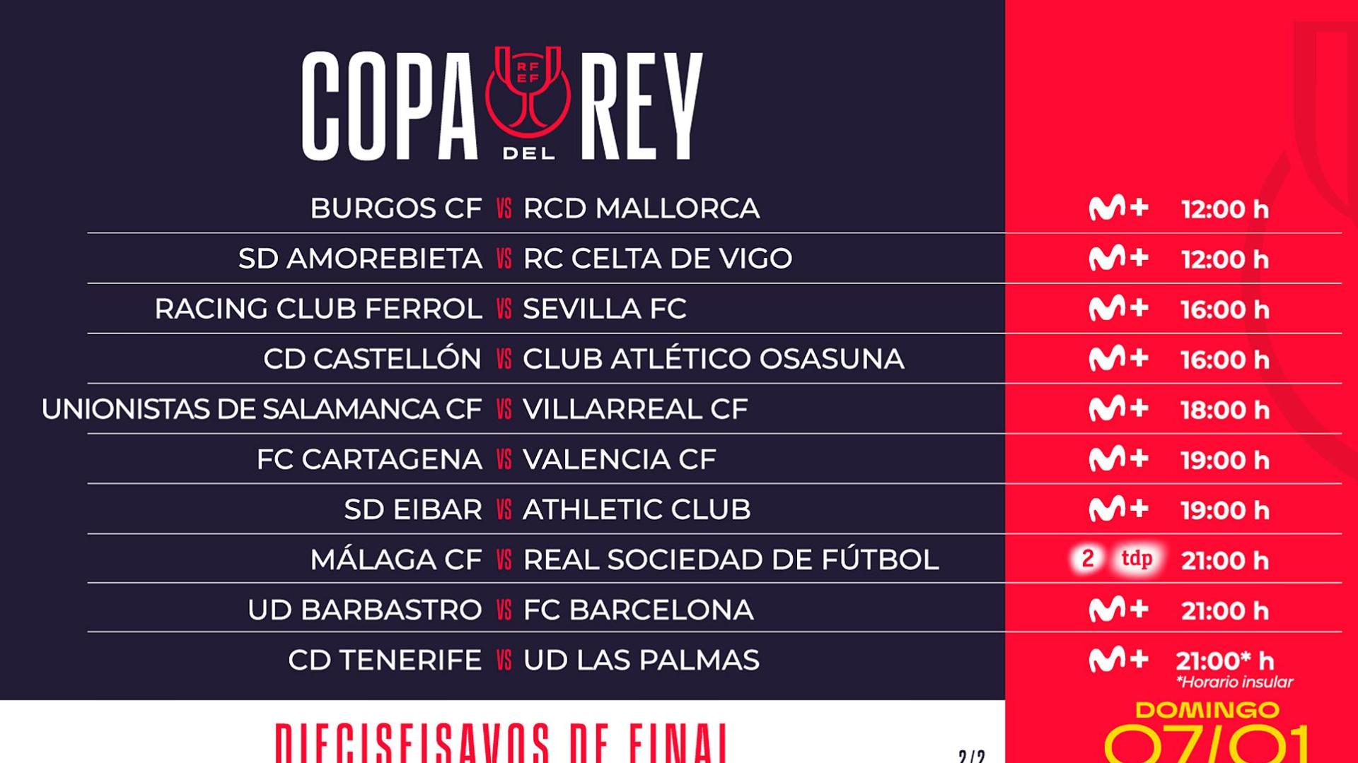 Horarios de la eliminatoria de dieciseisavos de final de la Copa del Rey