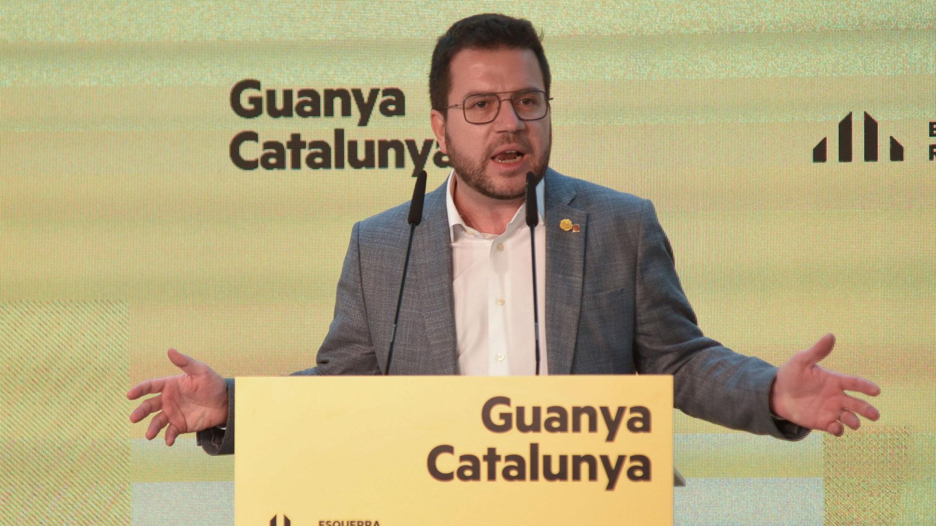 El presidente de la Generalitat de Catalunya, Pere Aragonés, interviene durante el Consell Nacional de ERC, este sábado en Barcelona