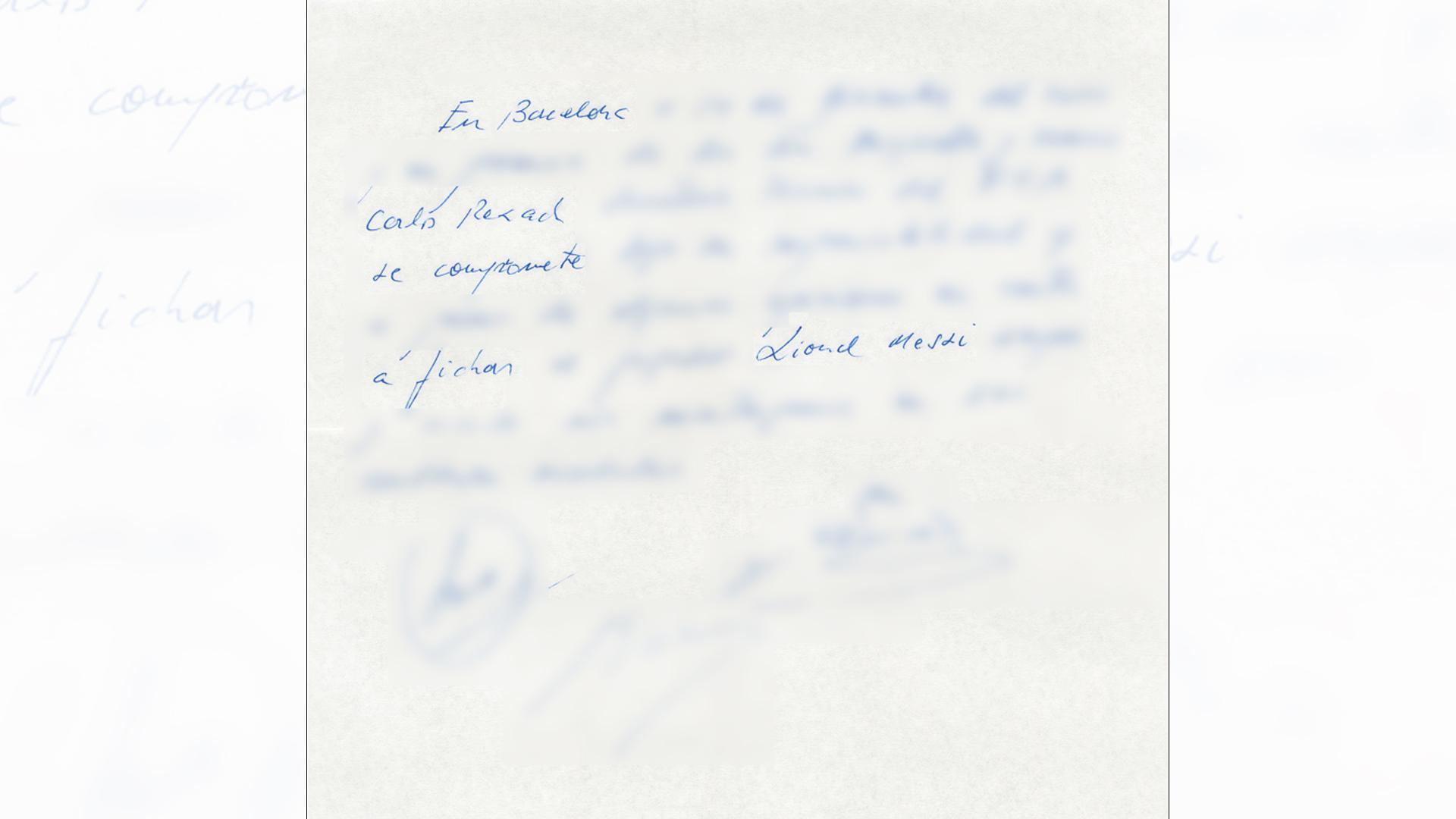 Servilleta con el txto donde el F.C. Barcelona se apalabró para la contratación de Leo Messi./