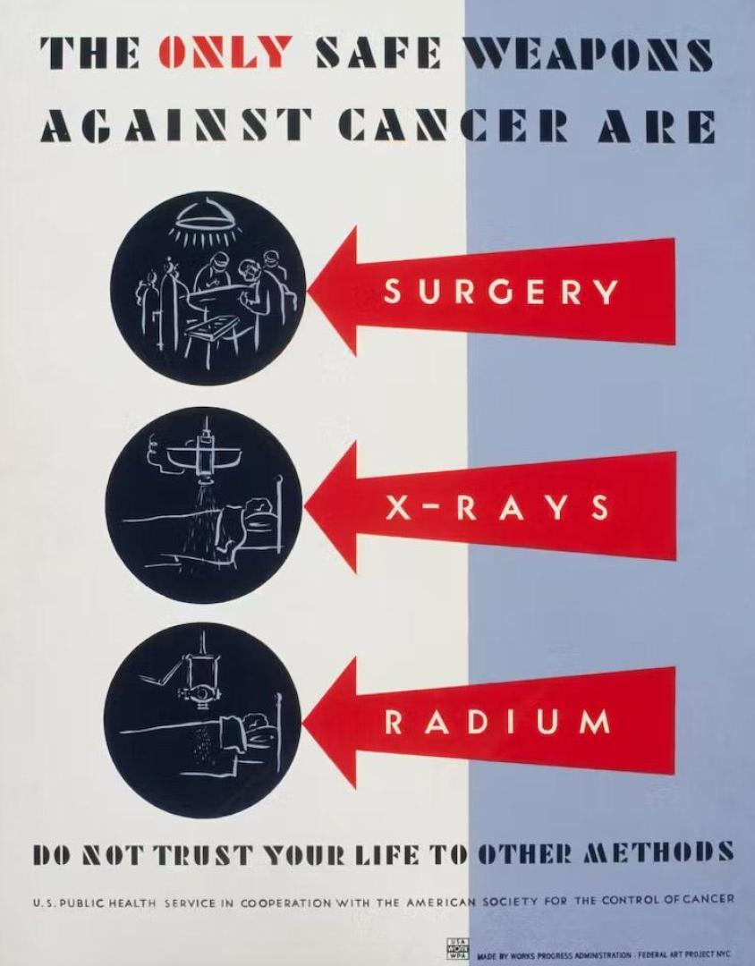 Poster de 1938 mostrando la cirugía, los Rayos X y el Radio como las únicas armas contra el cáncer.