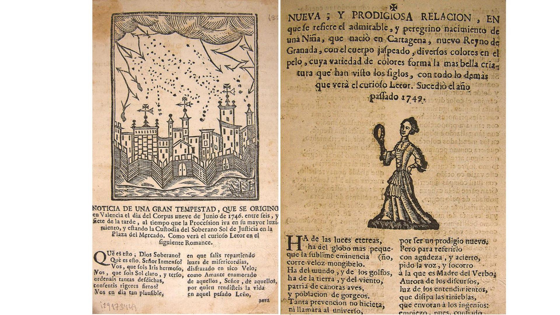 Noticia de una “gran tempestad” que sucedió en Valencia en 1746 y noticia sobre una niña nacida en Cartagena de Indias “con diversos colores en el pelo, cuya variedad de colores forma la más bella criatura”