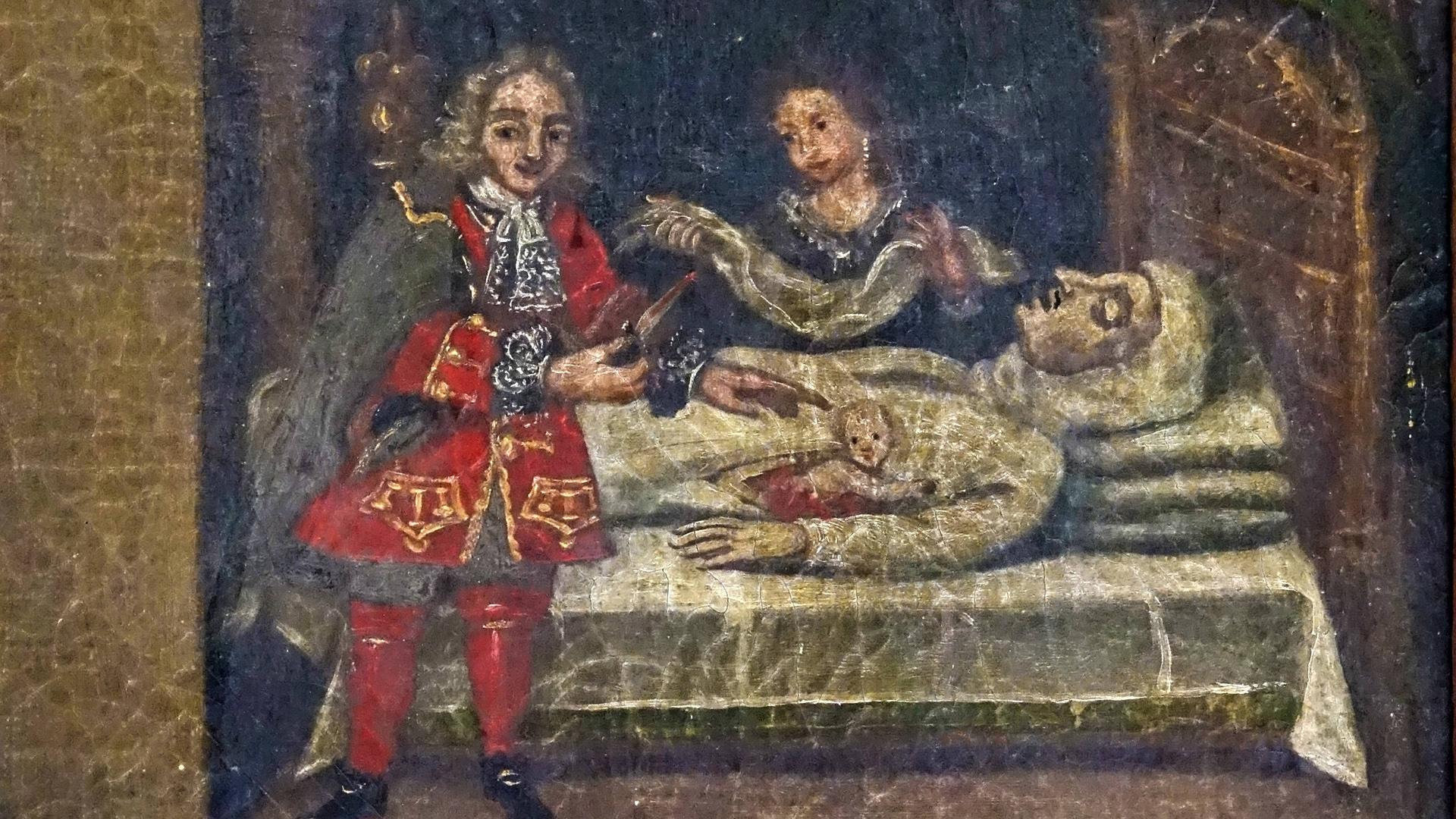 Nacimiento de san Ramón Nonato en el lienzo de la doble visión en la Parroquia de Arellano, comienzos del siglo XVIII.
