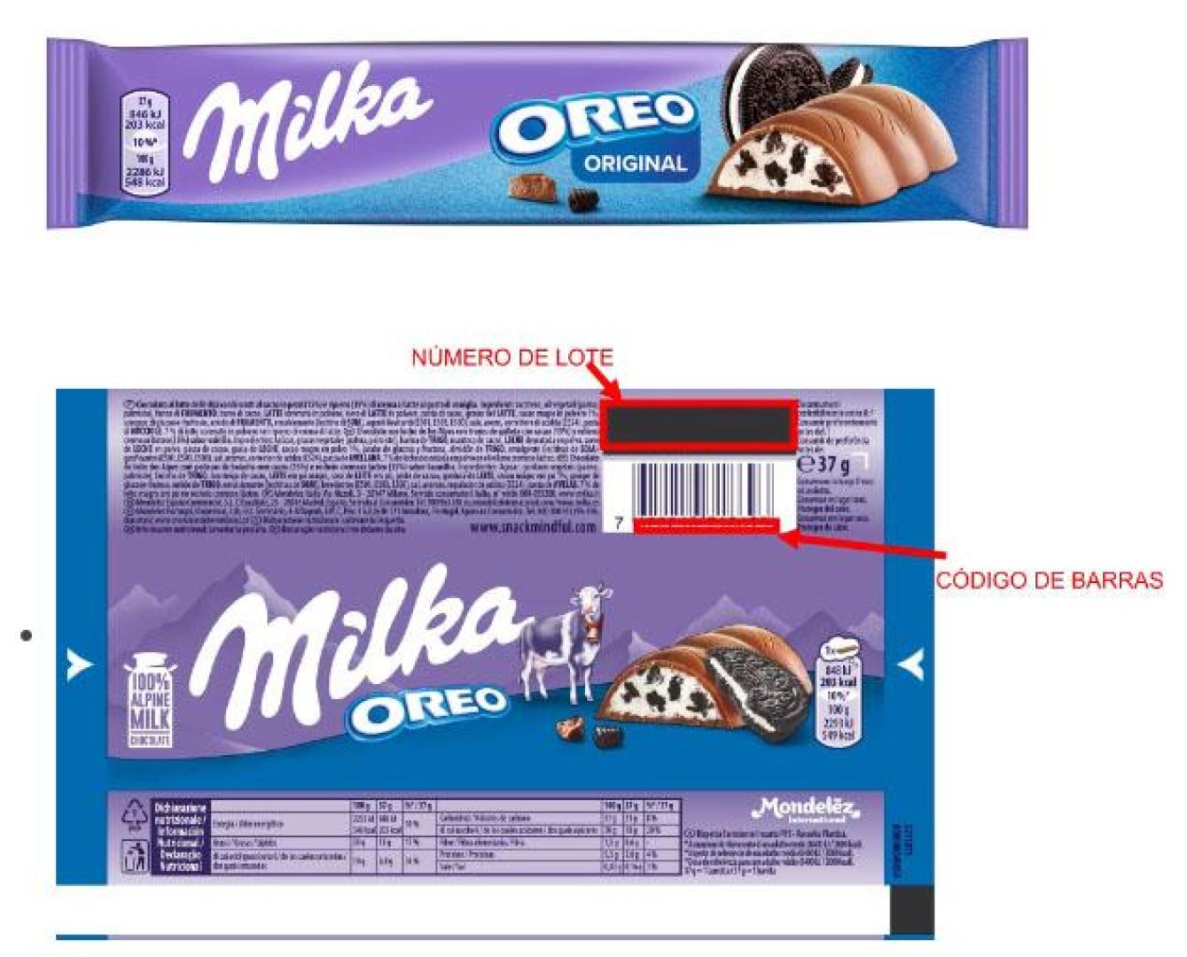 El producto retirado es el lote OSK0934422 de la barrita MILKA 37G OREO CHOCO con fecha de consumo preferente 01/08/2024 y código de barras 7622210718693