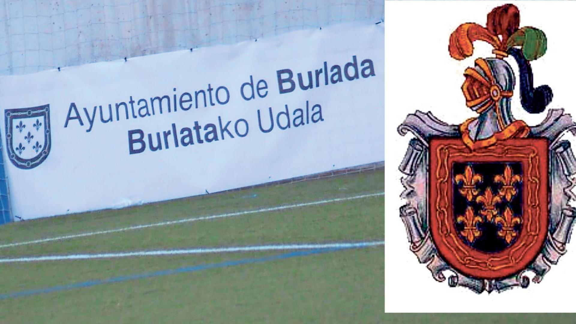 A la derecha, escudo en la lona municipal del campo de fútbol; a la izquierda, escudo oficial de Burlada con el yelmo