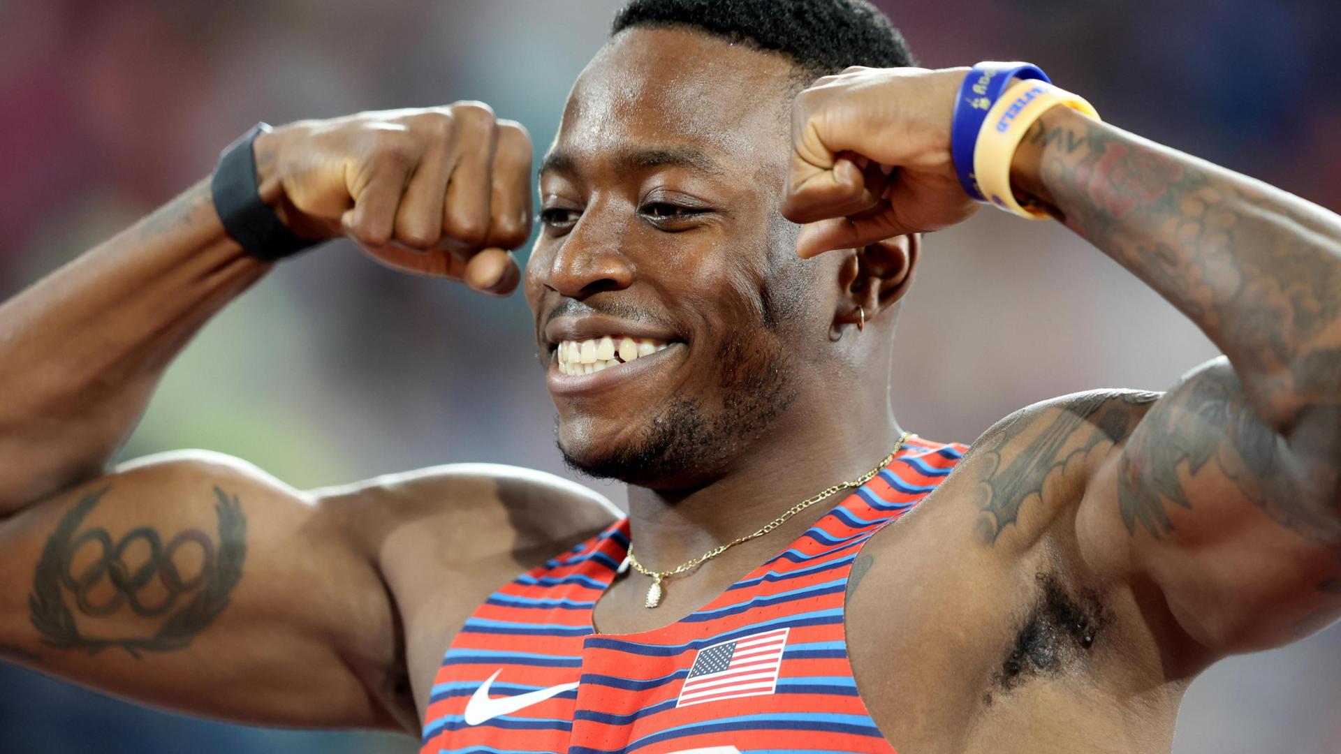 Glasgow (United Kingdom), 02/03/2024.- Grant Holloway of the USA celebrates after winning the Men's 60m Hurdles final at the World Athletics Indoor Championships in Glasgow, Britain, 02 March 2024. (Mundial de Atletismo, Reino Unido) EFE/EPA/ROBERT PERRY