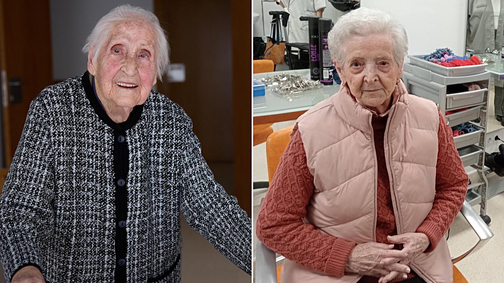 Carmen Velázquez (izquierda)101 años, se desplaza con su andador por los pasillos de la residencia. A la derecha, Blanca Sardina tras su sesión de peluquería y manicura de los jueves