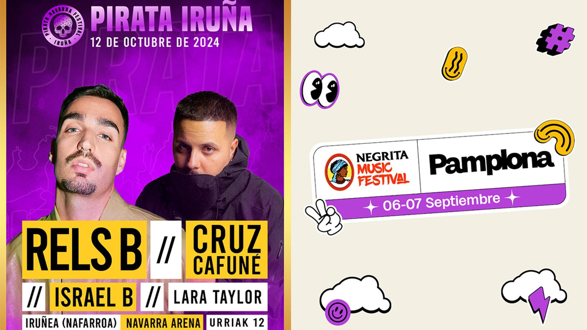 Carteles de los festivales Pirata Iruña y Negrita Music Festival que se celebrarán en el Navarra Arena
