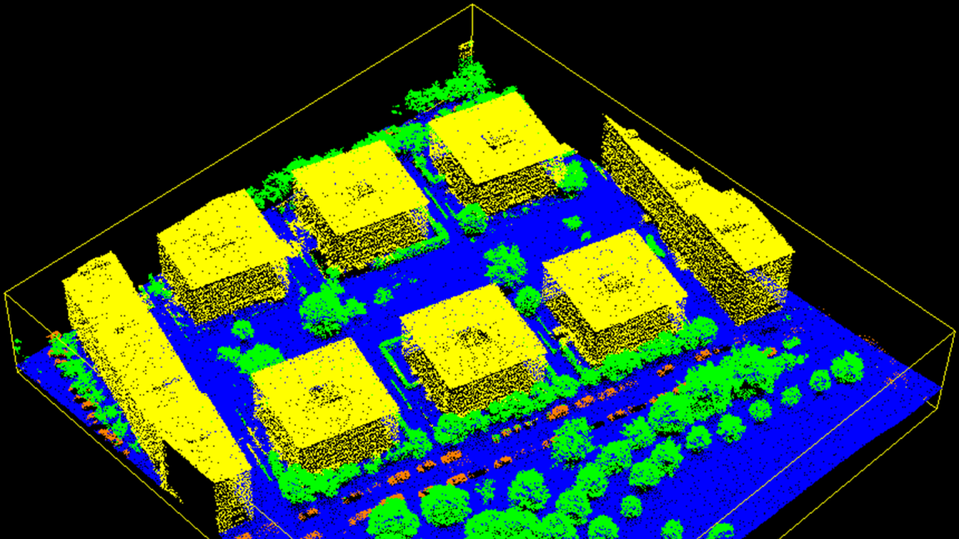 Imagen de una zona con la clasificación de nubes de puntos ya realizada y las categorías detalladas por colores: amarillo para edificios, verde para vegetación, rojo para vehículos…