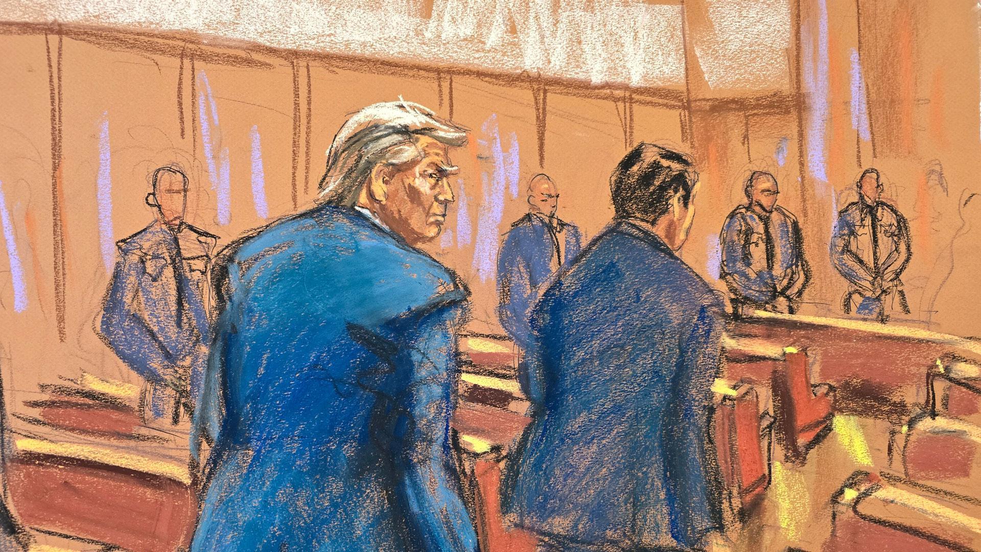 Reproducción fotográfica de un dibujo realizado por la artista Jane Rosenberg donde aparece el expresidente de Estados Unidos Donald Trump a su llegada a la audiencia de selección de jurado de su juicio penal este lunes