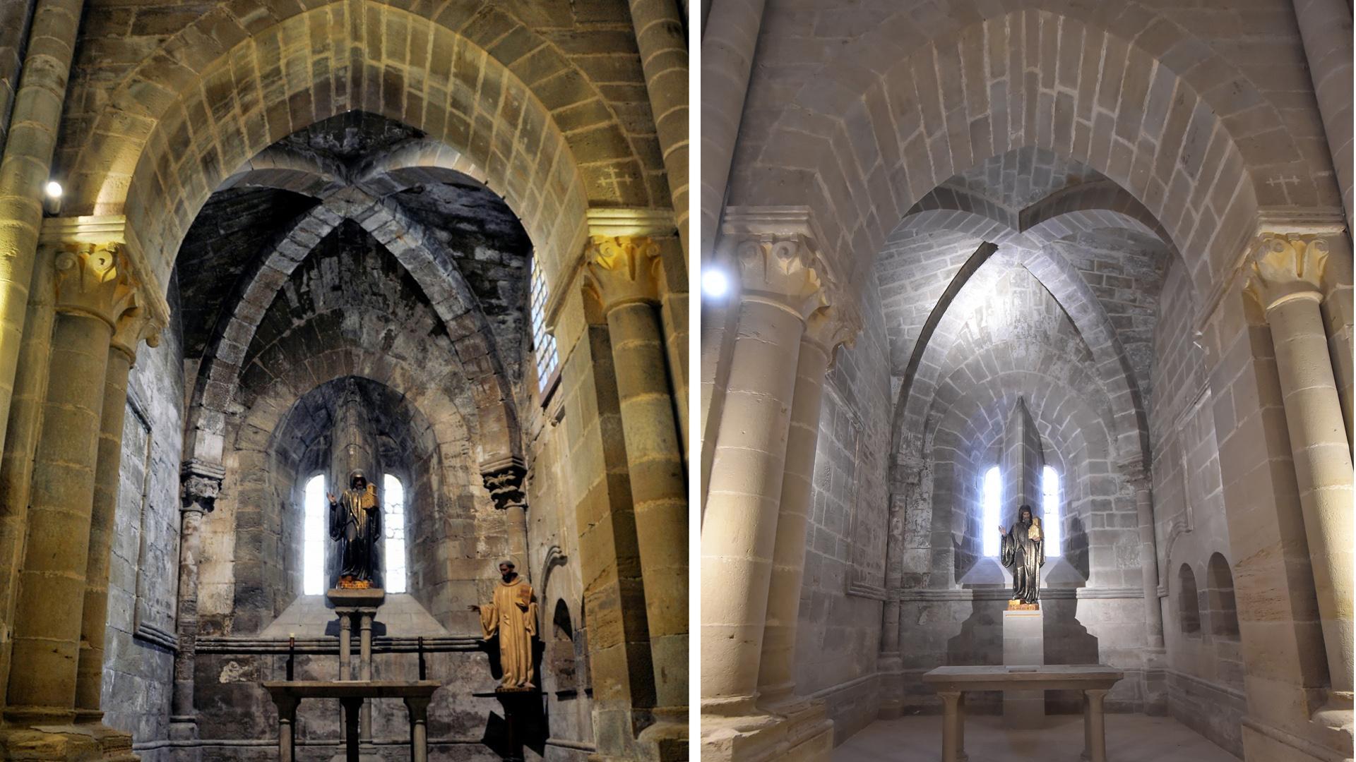 La misma capilla del interior del monasterio, antes y después de los trabajos de restauración