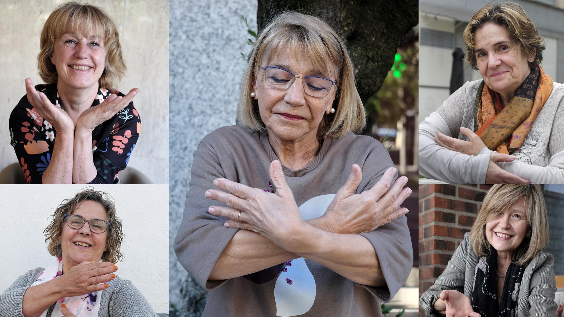 "Somos manos amigas que acunan vidas". “SOMOS MANOS AMIGAS QUE ACUNAN VIDAS”. De izquierda a derecha: Mª Mar Horcada Ibañez, de 65 años, Charo López Luquin (64), Inmaculada Serrano Monzó, (64) y Juana María Osés Goñi (64) y Montse Port Gimeno (66).