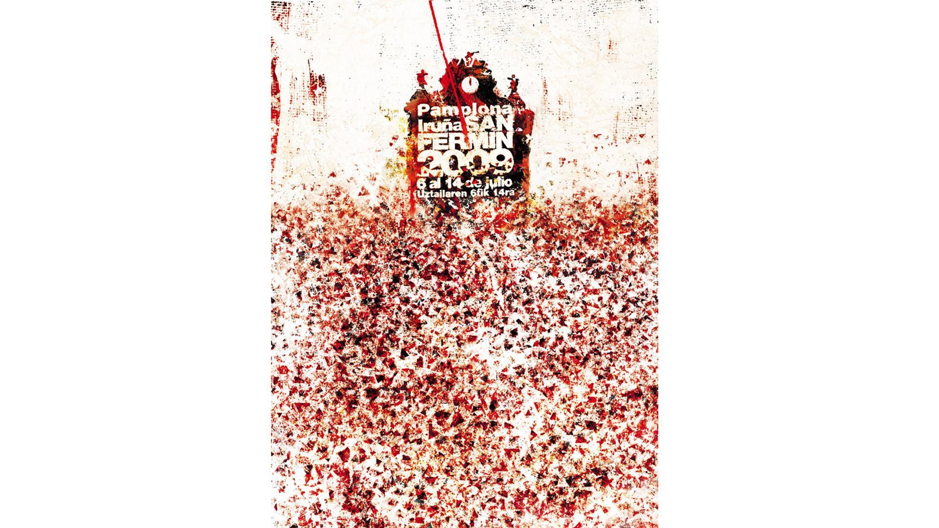 La obra titulada 'Gora San Fermín, viva San Fermín', de Ángel Blanco Egoskozabal, ganadora del cartel de San Fermín 2009