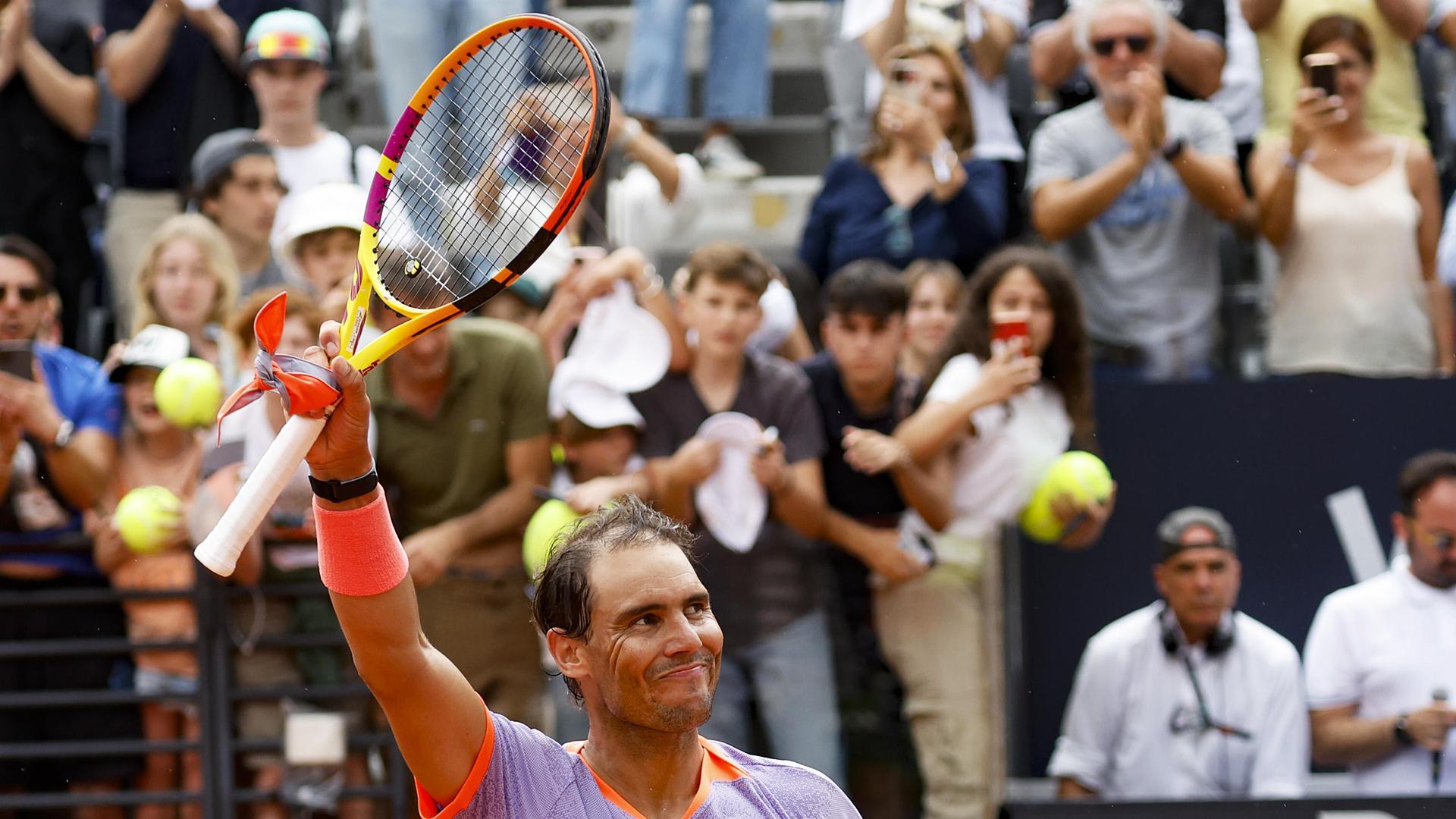 Rafa Nadal celebra el triunfo en la primera ronda del Masters 1000 de Roma.