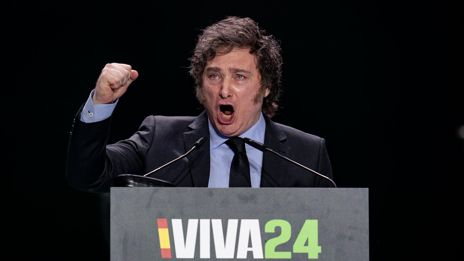 El presidente de Argentina, Javier Milei, durante su intervención en el acto 'Viva 24' de VOX, en Madrid