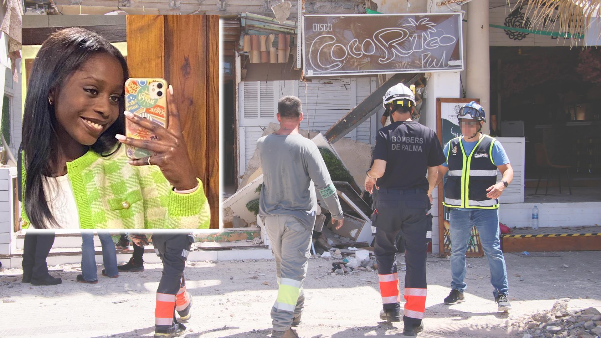 Fotografía de Mariama Syll a la izquierda, sobre una imagen de unos bomberos trabajando en las labores de desescombro del local