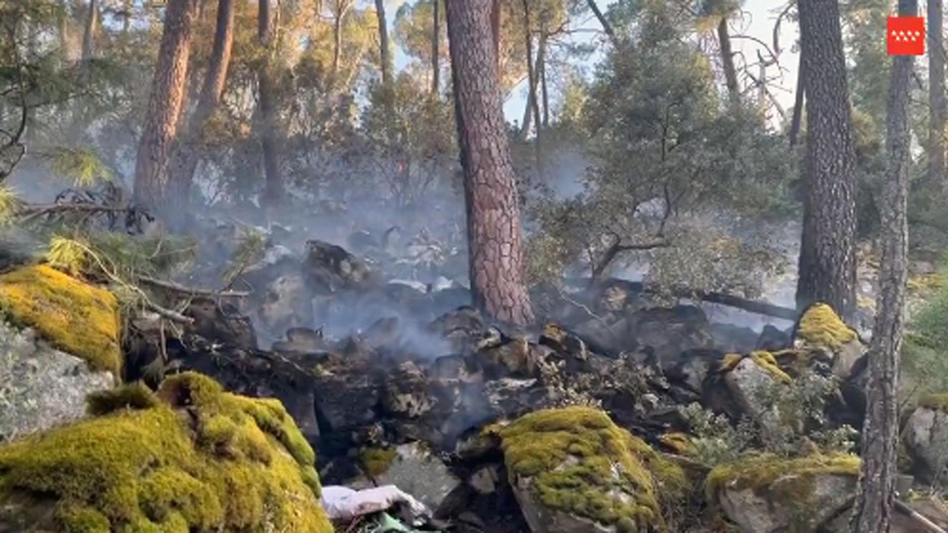 Restos de la avioneta en una zona boscosa junto al pantano de San Juan, en el municipio madrileño de San Martín de Valdeiglesias